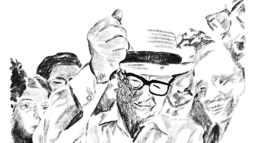 Allende in einer freundlichen Menschenmenge, verteilt Korn (Zeichnung)
